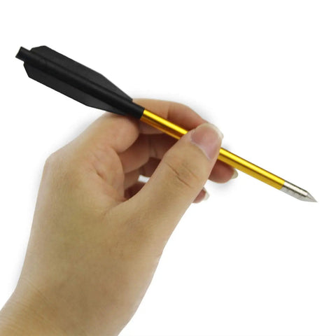 Hand holding 6.3 Inch Aluminum Crossbow Bolt with Plastic Vanes for 50-80 Lb Mini Pistol Crossbows, showing arrow detail.