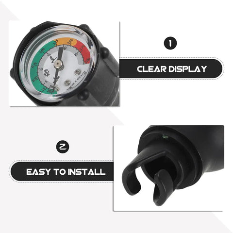 Inflatable Boat Air Pressure Gauge With Digital Display For Kayaks, Paddle Boards And Surfboards showing analog gauge and connectors