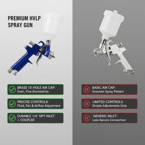 Image comparing Heavy Duty Pro Grade Hvlp Spray Gun Dishes Out A Killer Smooth Finish With Solid Brass Nozzle and basic air cap.