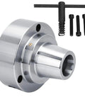 Heavy Duty 5C Collet Chuck For Lathe Machines With 0.0006 TIR Precision Accuracy And Durable Machined Construction, showing a finished silver collet chuck with accessories.