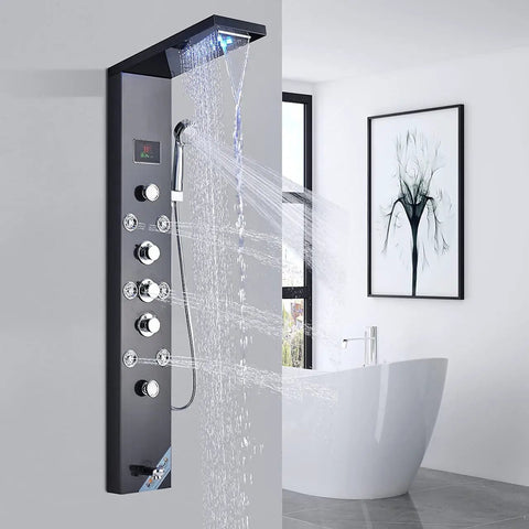 LED Rainfall Shower Panel Tower With Waterfall Handheld Tub Spout And Massage Jets Temperature Display Five Function Spa Upgrade For A Modern Bathroom Makeover With Epic Spa Vibe