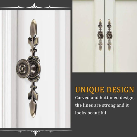 Close-up of green bronze vintage-style door knob back plates installed on white cabinet doors, illustrating design details. Product: Four Pack Vintage Style Door Knob Back Plates And Cabinet Drawer Pulls For Home Furniture Dressers Closets Wardrobes With Screws Green Bronze Finish Built For Long Lasting Use.
