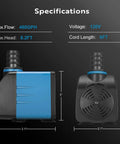 Specifications of High Flow Submersible Pond Pump 480 GPH 8.2 Ft Lift, side and front view, dimensions and voltage details.