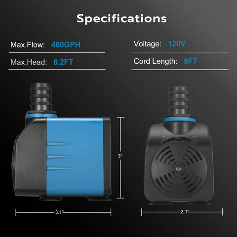 Specifications of High Flow Submersible Pond Pump 480 GPH 8.2 Ft Lift, side and front view, dimensions and voltage details.