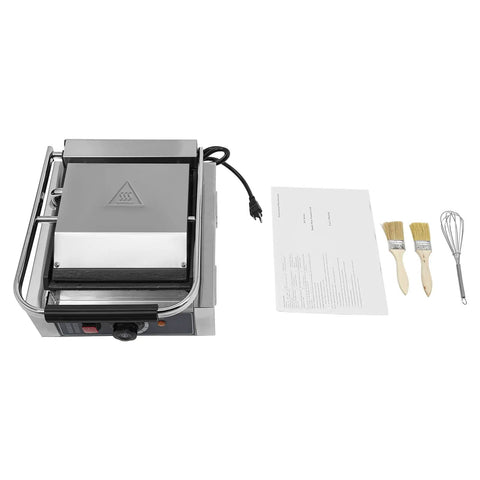 1800W Commercial Panini Press Grill Stainless Steel Electric Sandwich Maker With Adjustable Temp Control and utensils.