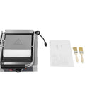 Heavy Duty Electric Panini Press Grill With 1800W Dual Heating Plates, stainless steel body, includes utensils and instructions.