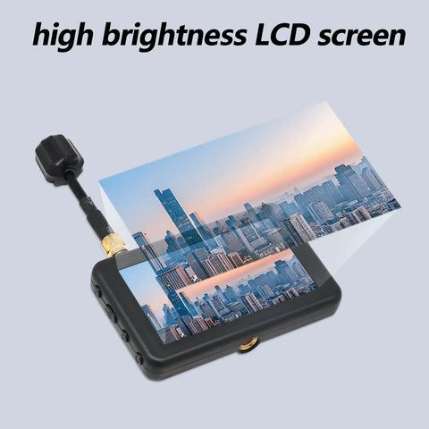 3 Inch Micro FPV Monitor With 480x320 LCD Display showing a cityscape with antenna and high brightness text.