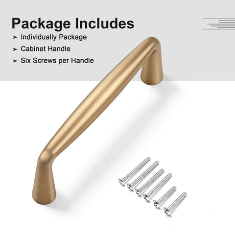 Close-up of champagne bronze cabinet pull from 30 Pack Champagne Bronze Cabinet Pulls 3 Inch Hole Centers 3-3/8 Inch Overall Length Zinc Alloy Drawer Pulls Kitchen Handles Modern Sleek Design With Comfortable Grip with screws.