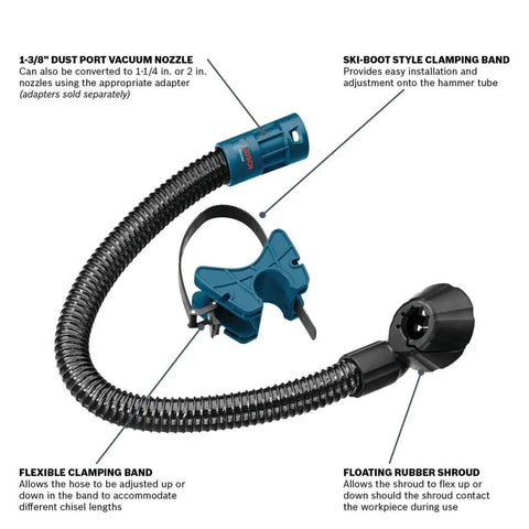 HDC400 1-1/8 In Hex Chiseling Dust Collection Attachment with ski-boot clamp, flexible band, and dust port for rotary hammers