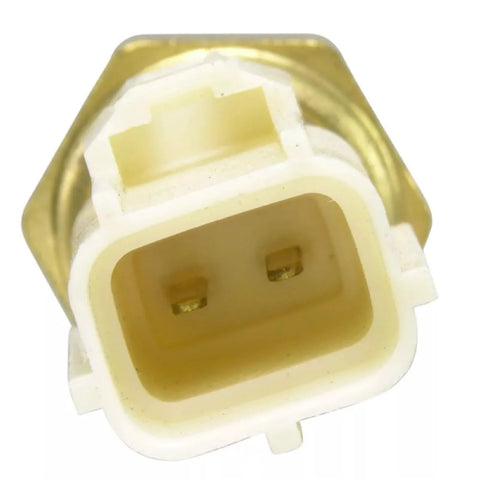 Close-up of engine coolant temperature sensor with two-pin connector, white housing and amber body.