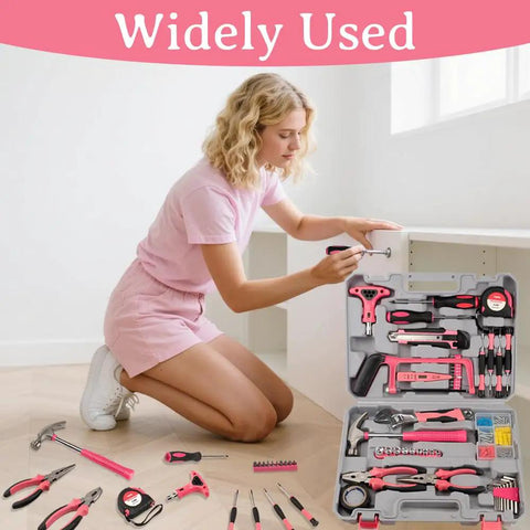 Woman using Pink 103 Piece DIY Tool Kit in a compact storage case built for women and beginners, featuring chrome vanadium tools.