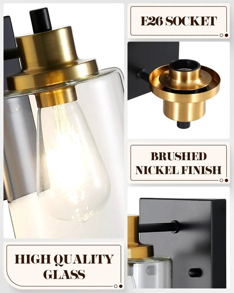 Indoor 2 Pack Wall Light Fixtures Set in black and gold, close-up of E26 socket, brushed nickel finish, high quality glass shade.
