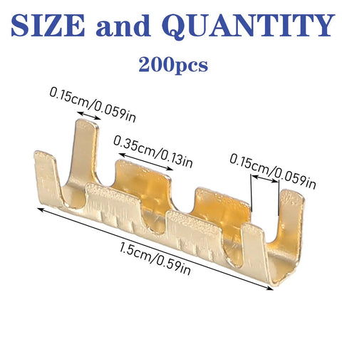 200 Pieces U Shape Copper Ring Terminals Open Barrel Brass Crimp Connectors size dimensions labeled
