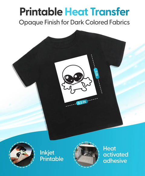 Printable Heat Transfer Paper for Dark Fabrics, 5 Sheets of 8.5 by 11 Inches, Matte Finish on black tee with cartoon design