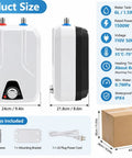 Wall Mounted Electric Mini Tank Water Heater 1.59 Gallon 1500 Watt 110 Volt Adjustable Thermostat 131 To 158 F showing product size and features.