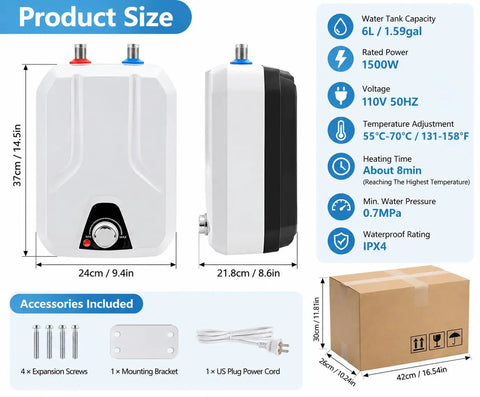 Wall Mounted Electric Mini Tank Water Heater 1.59 Gallon 1500 Watt 110 Volt Adjustable Thermostat 131 To 158 F showing product size and features.