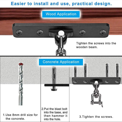 Heavy Duty Hammock Chair Hardware Kit With Chain And Swivel, 360 Degree Rotation, showing wood and concrete mount applications.