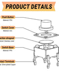 300 Pack Tactile Push Button Switch Assortment Kit diagram showing PPA push button, iron switch cover, stainless steel shrapnel.
