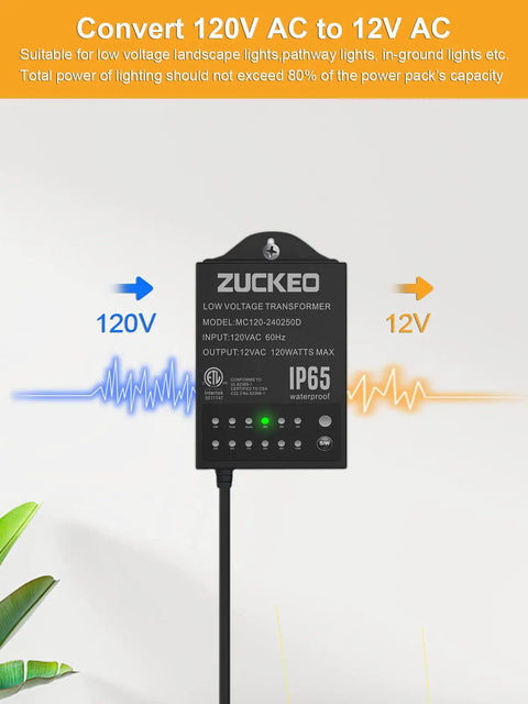 Image of Low Voltage Outdoor Landscape Lighting Transformer With Dusk To Dawn Sensor And Countdown Timer 120V To 24V Waterproof Power Supply in black color, showing IP65 waterproof rating details.