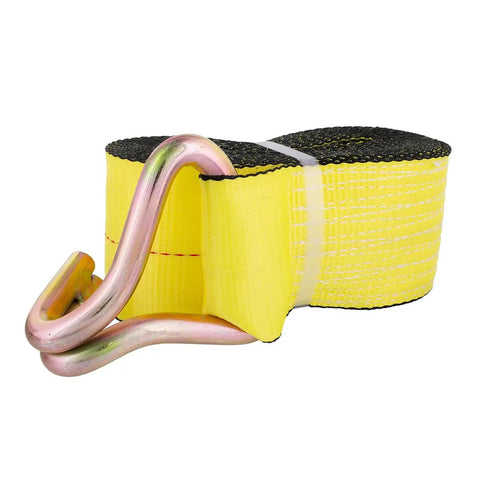 Beefy Heavy Duty Ratchet Tie Down Strap 4 Inch By 30 Foot With Zinc Plated Double J Hooks, 5400 Lb Load Limit, shown coiled
