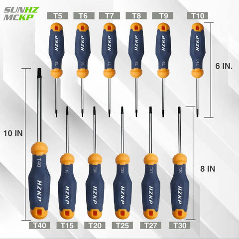 Torx Screwdriver Set 12 Piece S2 Alloy Steel Magnetic Star Drivers T5 Through T40 with blue handles on white background.
