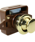 No Sweat Keyless Push Button Door Catch Lock With Smooth Operation For Rv Cabinets Boat Drawers Yacht Cupboards And Motorhome Storage Brown Gold Finish, showing a close-up of the latch mechanism.