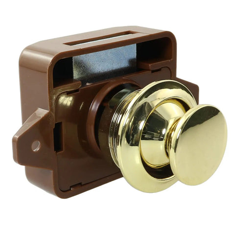 No Sweat Keyless Push Button Door Catch Lock With Smooth Operation For Rv Cabinets Boat Drawers Yacht Cupboards And Motorhome Storage Brown Gold Finish, showing a close-up of the latch mechanism.
