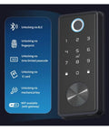 Zero Stress Fingerprint Smart Lock For Front Door With Touchscreen Electronic Deadbolt And App Control Keyless Entry For House Or Office shown with keypad and unlocking options.