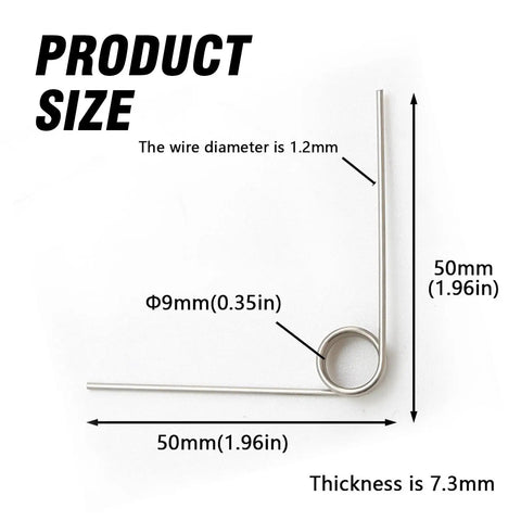 Diagram showing dimensions of 10 Pack Small Stainless Steel Torsion Springs 50mm long, 1.2mm thick, 11.4mm OD, with 5 turns, 120-degree rotation.