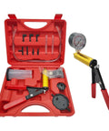 Shop Grade Handheld Vacuum Brake Bleeder Kit With Precision Pressure Gauge And Seven Universal Adapters For No Sweat Brake And Clutch Fluid Drainage Tough Canvas Case Loads Up Your Daily Driver Tools For Weekend Mechanic Grind in red case with pump and gauges.