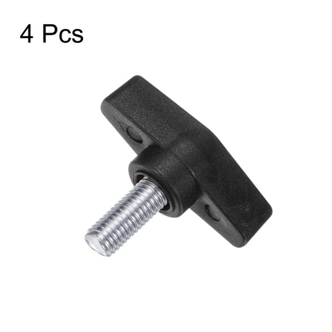 Straight Up Four Pack Tee Wing Knobs With M10 Thumb Screws And Beefy Steel Studs Featuring A Big Fifty Five Millimeter Twist Handle in black.