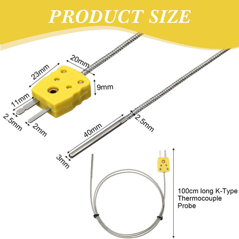 3-piece K-type thermocouple probe kit with braided stainless steel cables and yellow inline connector, 100 cm long