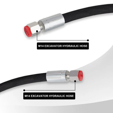 Two Pack 3 Way Hydraulic Diverter Valve Kit For 1 To 2 Ton Mini Excavators With 31 Inch Hoses Quick Connectors Auxiliary Connector And M14 Hose Attachments For Easy Attachments Upgrades, close-up of M14 hose with connection fitting