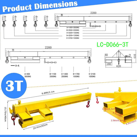 Heavy Duty Forklift Jib Crane 3 Ton Capacity Telescopic Boom Hoist dimensions diagram with detailed measurements.