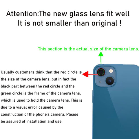 2 Pack IPhone 13 Pro And 13 Pro Max Camera Lens Replacement Glass With PreInstalled Adhesive showing size comparison on phone