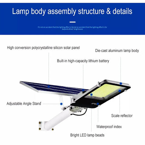 JUDYSSY Spot Lightingsolar Street Light, Led Dusk to N Solar Outdoor Light Lamp, showing detailed lamp structure and high-capacity lithium battery.