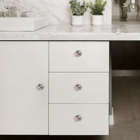 Close-up of kitchen cabinets with Hexagon Drawer Pulls 4 Pack Solid Brass Cabinet Handles With Abalone Shell Gold Vein Pattern