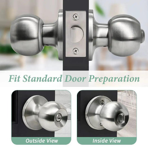 Image of Brushed Nickel Round Privacy Door Knobs showing outside and inside view, keyless interior door knobs for bedroom and bathroom.