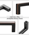 Close-up views of Oil Rubbed Bronze 10 Inch Square Bar Cabinet Pull Handle with smooth zinc alloy, highlighting corners and finish.