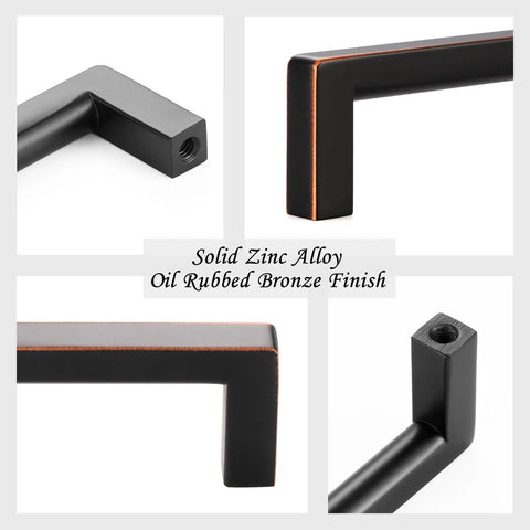 Close-up views of Oil Rubbed Bronze 10 Inch Square Bar Cabinet Pull Handle with smooth zinc alloy, highlighting corners and finish.