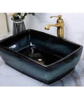 USZWBY Rectangular Ceramic Vessel Sink for Bathroom Vanity with Modern Countertop Installation Easy Simple Retro Luxury Light Grey Basin on marble counter with gold faucet.