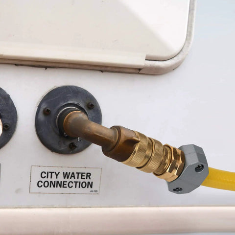 Full Flow Brass Garden Hose Quick Connect Fittings Set Built Heavy Duty With Full Port Brass Construction attached to water hookup