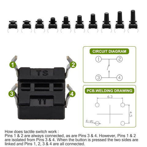 8 different 6x6mm tactile push button switches with 4 pins, shown with circuit and welding diagrams for Arduino PCB prototyping kit.