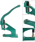 Grommet Eyelet Hand Press Tool With Interchangeable Dies, Portable Manual Banner Punch in green with close-up of die fittings.