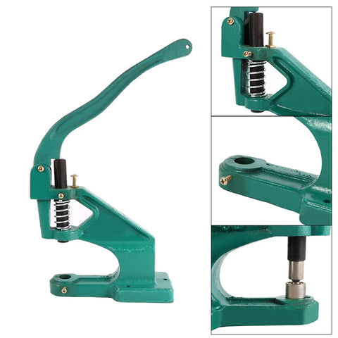 Grommet Eyelet Hand Press Tool With Interchangeable Dies, Portable Manual Banner Punch in green with close-up of die fittings.