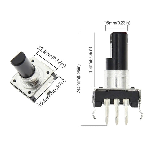 Ten Pack EC12 360 Degree Rotary Encoders With RE12 3 Pin 24 Bit Pushbutton Switches, 15mm Handle, Ideal For Arduino Projects dimensions