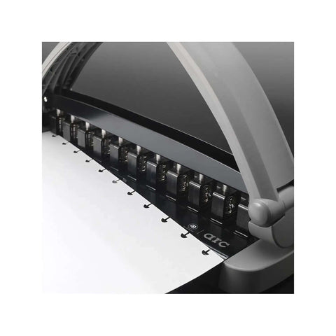 Arc Desktop Paper Punch for Disc Bound Systems 8 Sheet Capacity black and gray adjustable desktop hole punch showing punch mechanism.