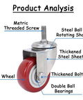 Detailed view of Heavy Duty 3/4/5in Swivel Caster Wheels Set of 4 360° Industrial PU Silent Threaded Stem Casters (10x30mm) components.