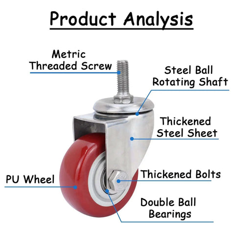 Detailed view of Heavy Duty 3/4/5in Swivel Caster Wheels Set of 4 360° Industrial PU Silent Threaded Stem Casters (10x30mm) components.