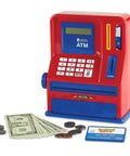 Kid Friendly Interactive Pretend ATM Bank For Kids Electronic Piggy Bank with play money, card, and coin slots for balance tracking.